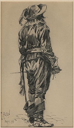 Sketch of a man in a 17th century cavalier costume.